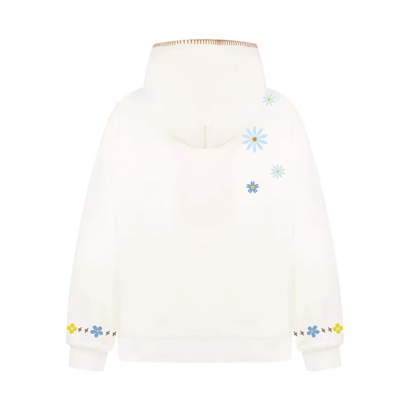 Floral Embroidery Hooded Sweatshirt Unisex Loose Casual Outerwear